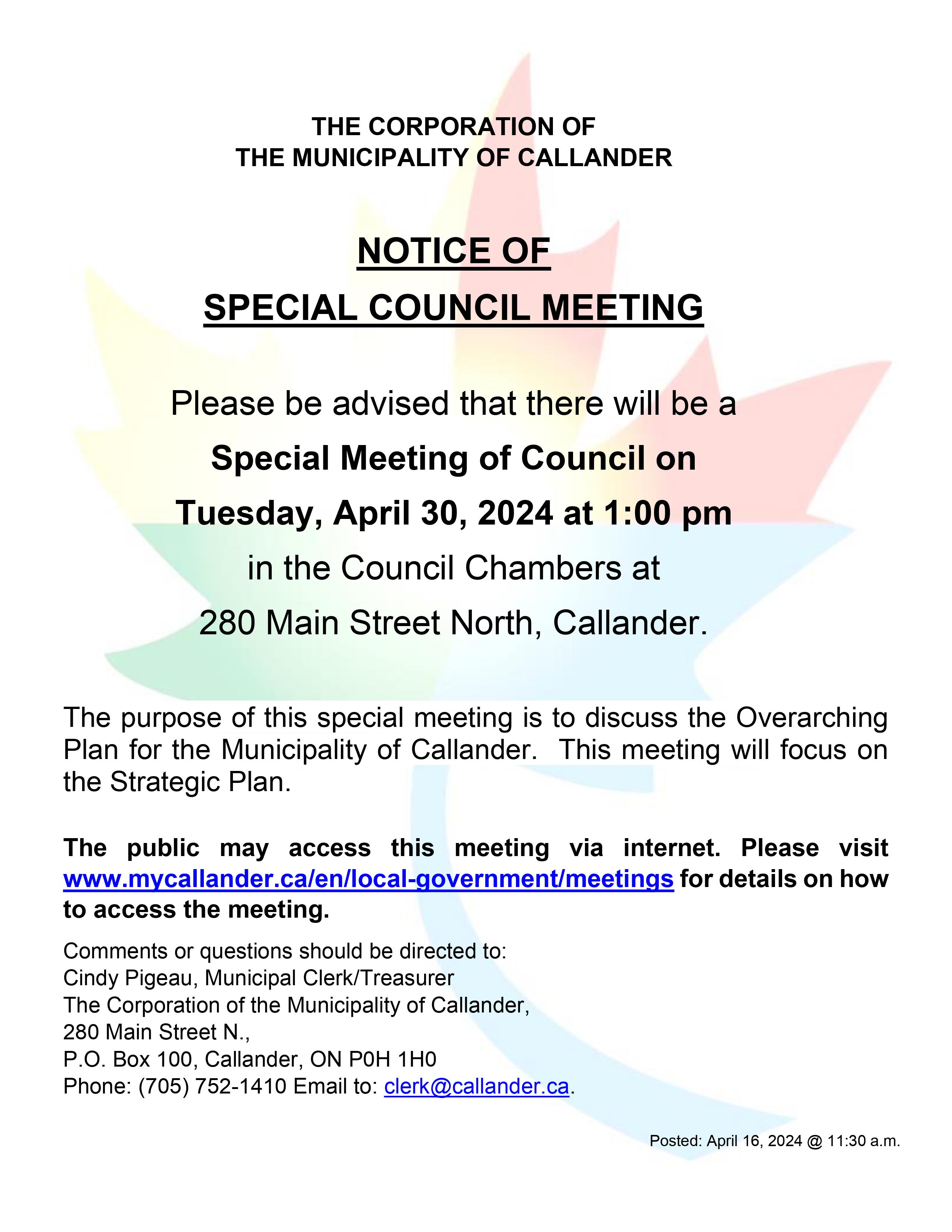 NOTICE OF SPECIAL COUNCIL MEETING